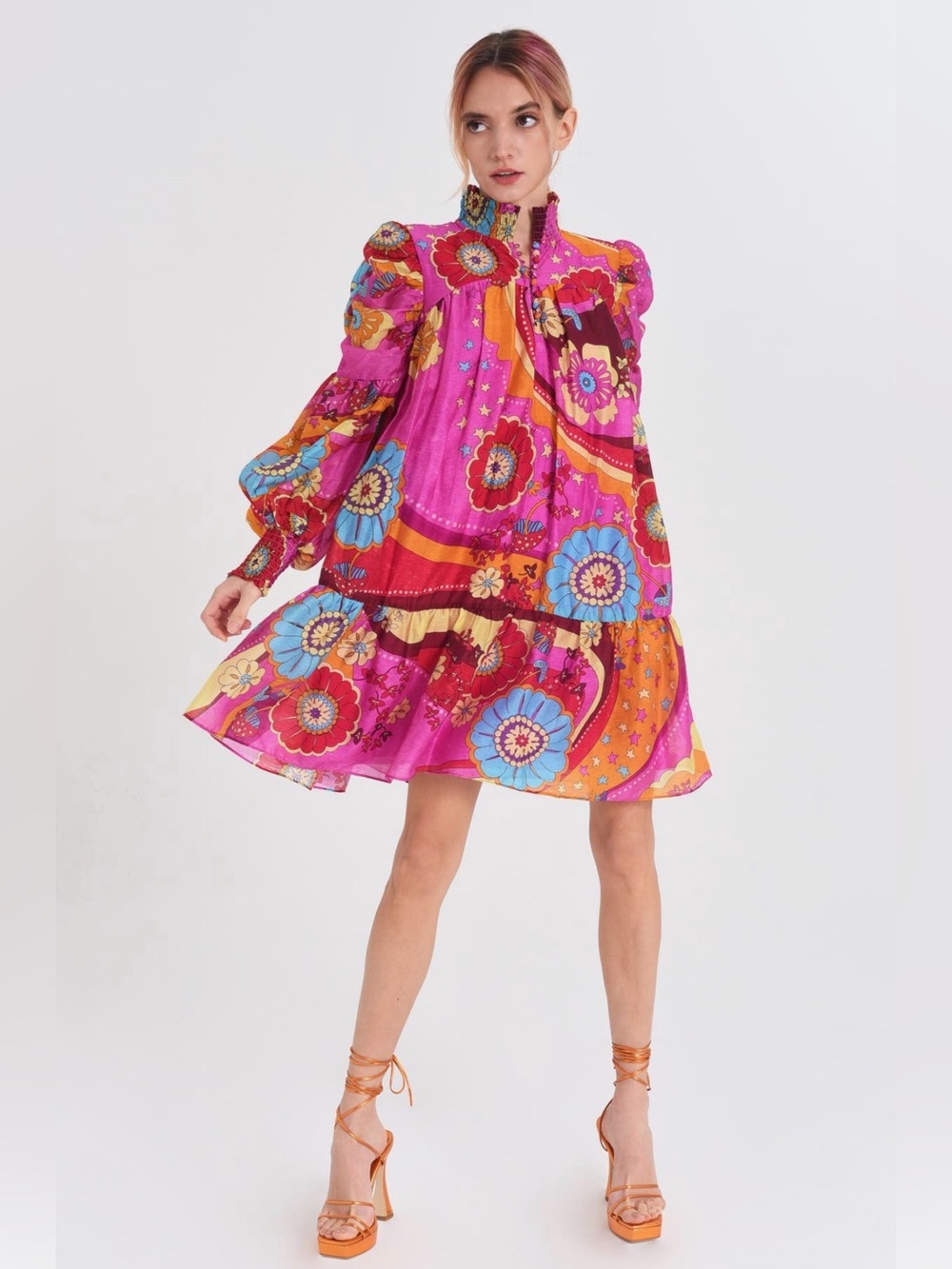 Fuchsia Floral Patchwork Long-Sleeve Tiered Dress - Picture 4 of 12